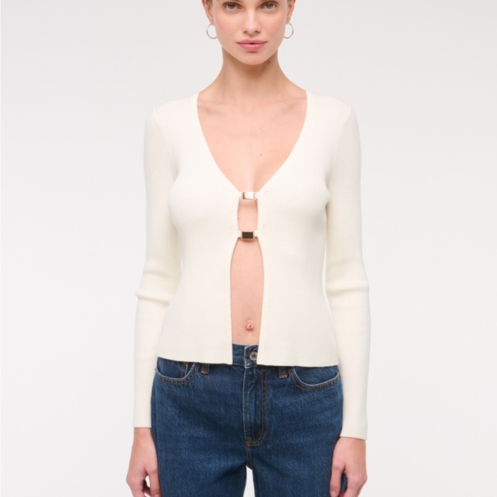 Abercrombie & Fitch White Ribbed Cardigan with Buckle Detail